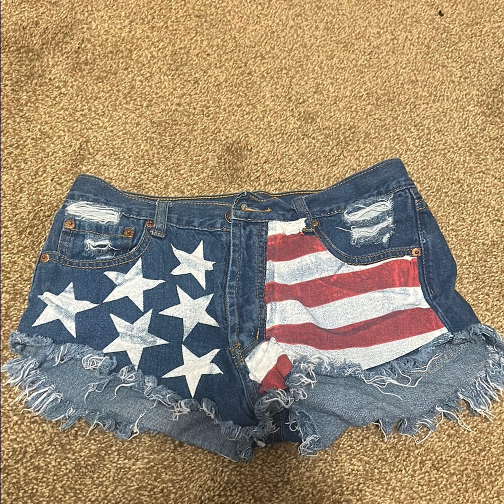 Blue and Red Jean Shorts with Distressed American Flag Design